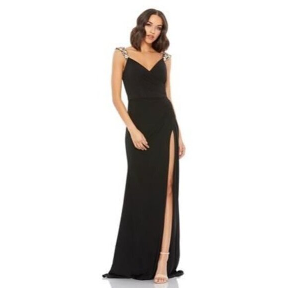 Mac Duggal Floral Strap High Slit Black Maxi Dress Size 8 Stretch 77830 Formal - Picture 1 of 8